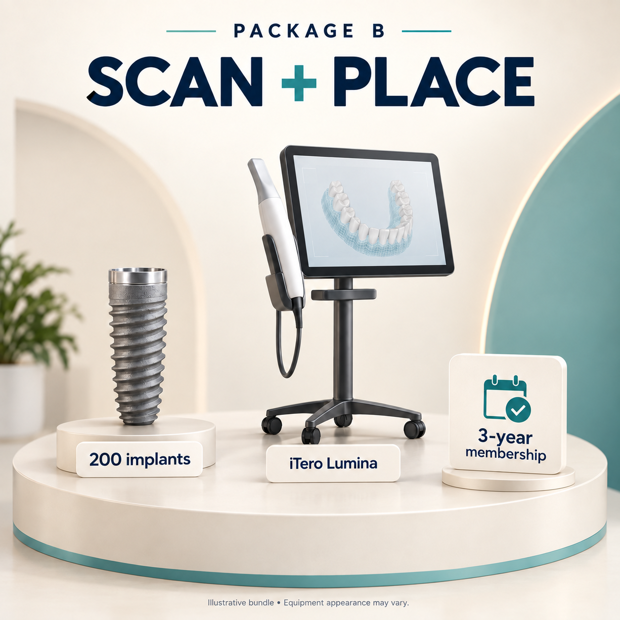 Illustrative implant, scanner and three-year membership bundle